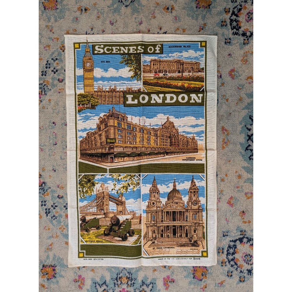 Vintage Mid Century Harrod's Linen/Cotton Souvenir Tea Towel - Scenes‎ of London
